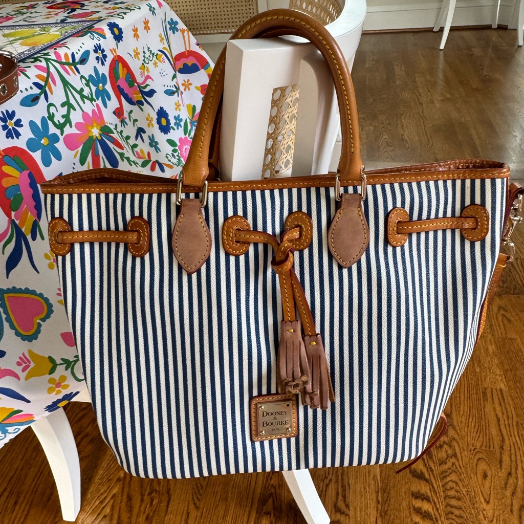 Dooney & Bourke Navy And White Stripe Leather Tote Bag